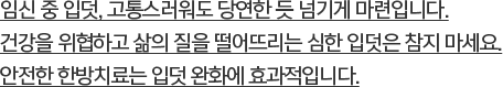 임신 중 입덧, 고통스러워도 당연한 듯 넘기게 마련입니다. 건강을 위협하고 삶의 질을 떨어뜨리는 심한 입덧은 참지 마세요.안전한 한방치료는 입덧 완화에 효과적입니다.