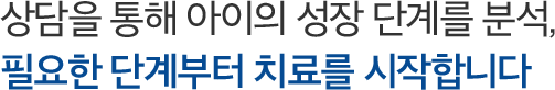 상담을 통해 아이의 성장 단계를 분석, 필요한 단계부터 치료를 시작합니다